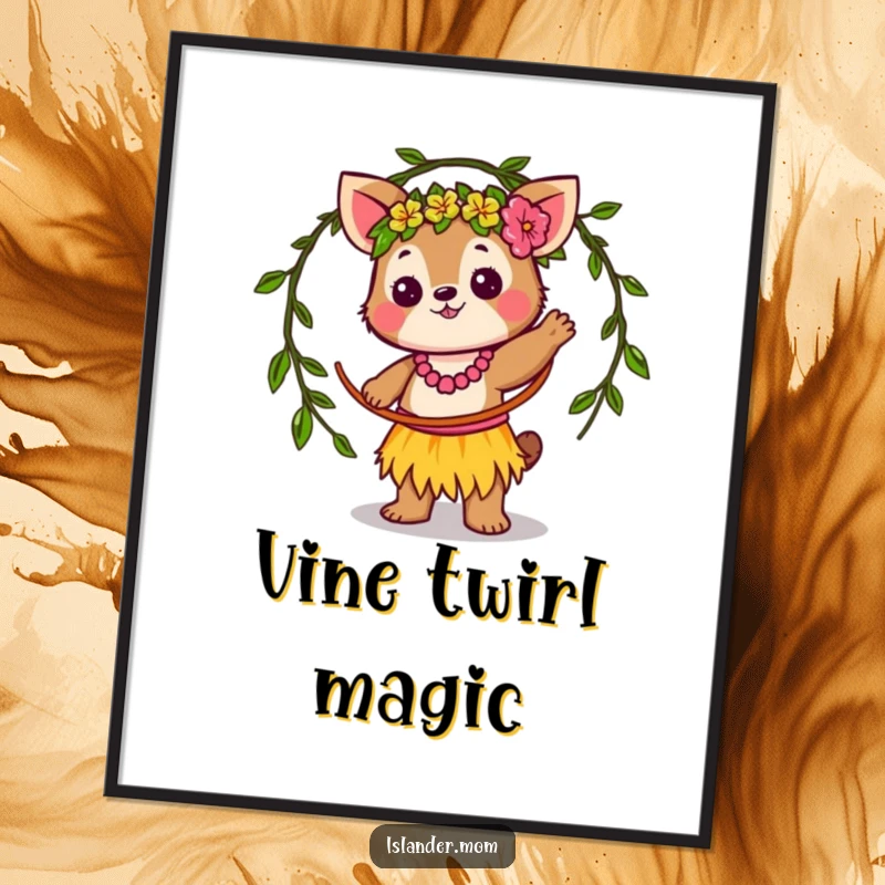 Funny Digital Art Print: Charming kawaii islander animal character joyfully twirling a vine hula hoop, embodying tropical fun.