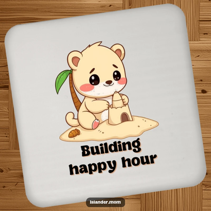 Funny drink coaster featuring a kawaii islander animal with focused delight building a small sandcastle.