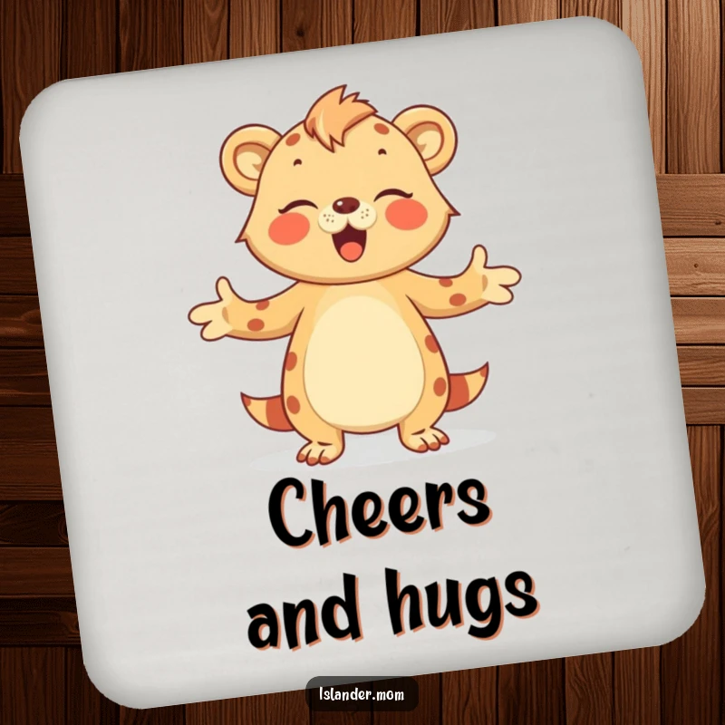 Funny Drink Coaster with an islander mom animal offering a warm hug with open arms, adding a loving touch.