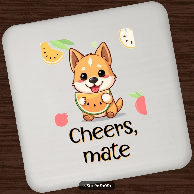 Funny tropical fruit dog coasters featuring a welcoming dog offering fruit, protecting surfaces with island hospitality.