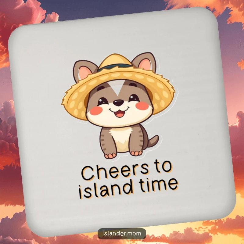 Funny Islander Animal Drink Coasters featuring a smiling character in a straw hat, adding tropical flair, a funny gift.