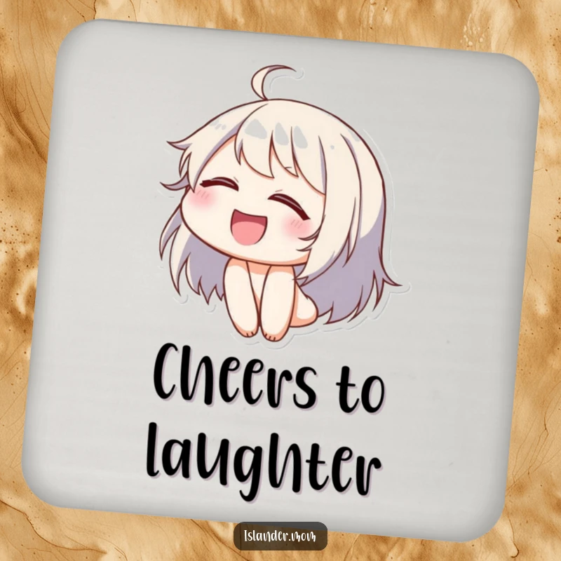 Funny drink coaster set showing a character laughing uncontrollably, eyes closed, head tilted back, perfect for adding cheerful vibes.