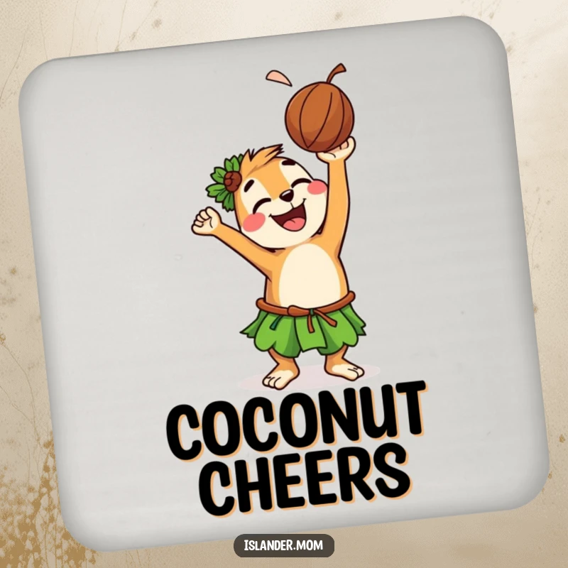 Funny drink coaster featuring a grinning islander animal character tossing a coconut, protecting surfaces with a touch of island playfulness.