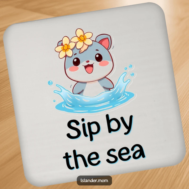 Funny drink coaster showing a cheerful islander animal with a flower, splashing in blue water, for surface protection.