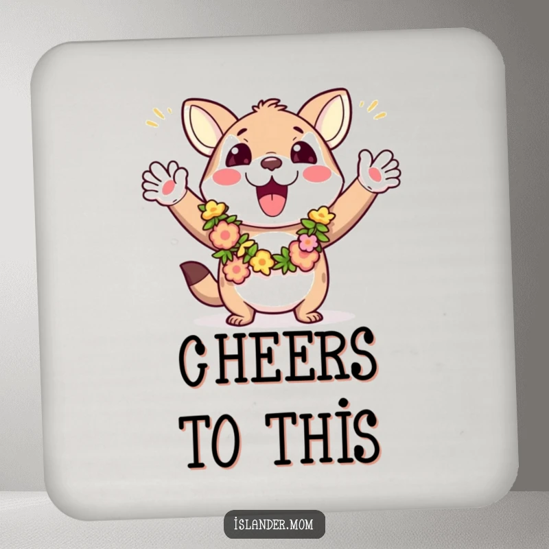 Funny drink coaster featuring an excited animal character with leis, waving arms, adding a touch of tropical celebration to beverages.