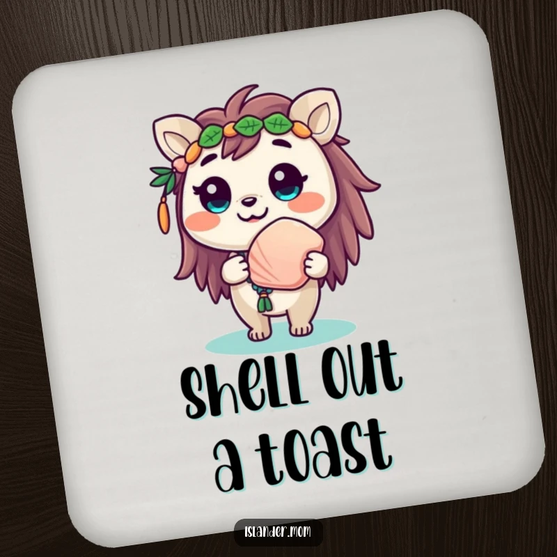 Funny drink coaster showing a cute islander animal character with a beaming smile, offering a seashell.