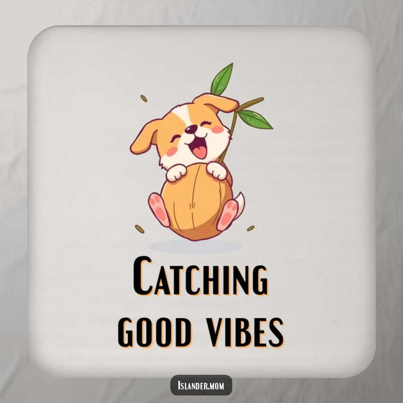Funny dog drink coaster illustrating a dog's paws catching a falling coconut, adding a humorous touch to beverage service.