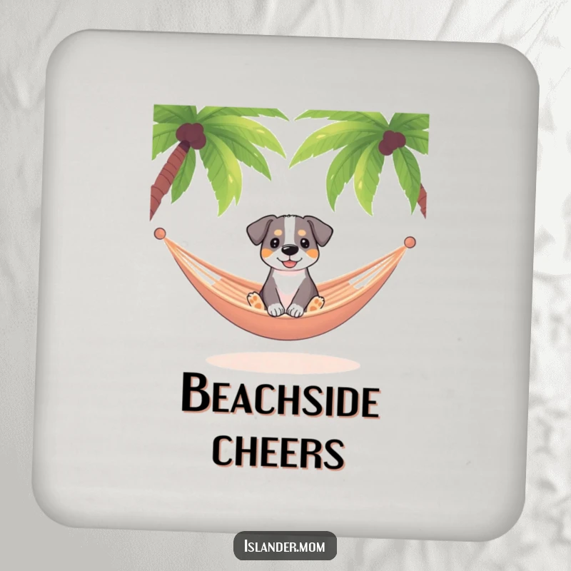 Funny dog sitting in a hammock swaying gently between palm trees, tropical drink coaster, relaxed home decor.