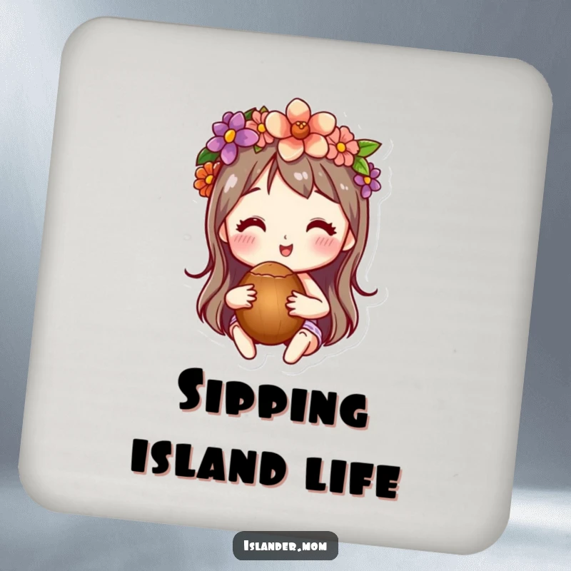 Funny drink coaster set showing a character wearing a flower crown and holding a coconut, perfect for adding tropical flair.