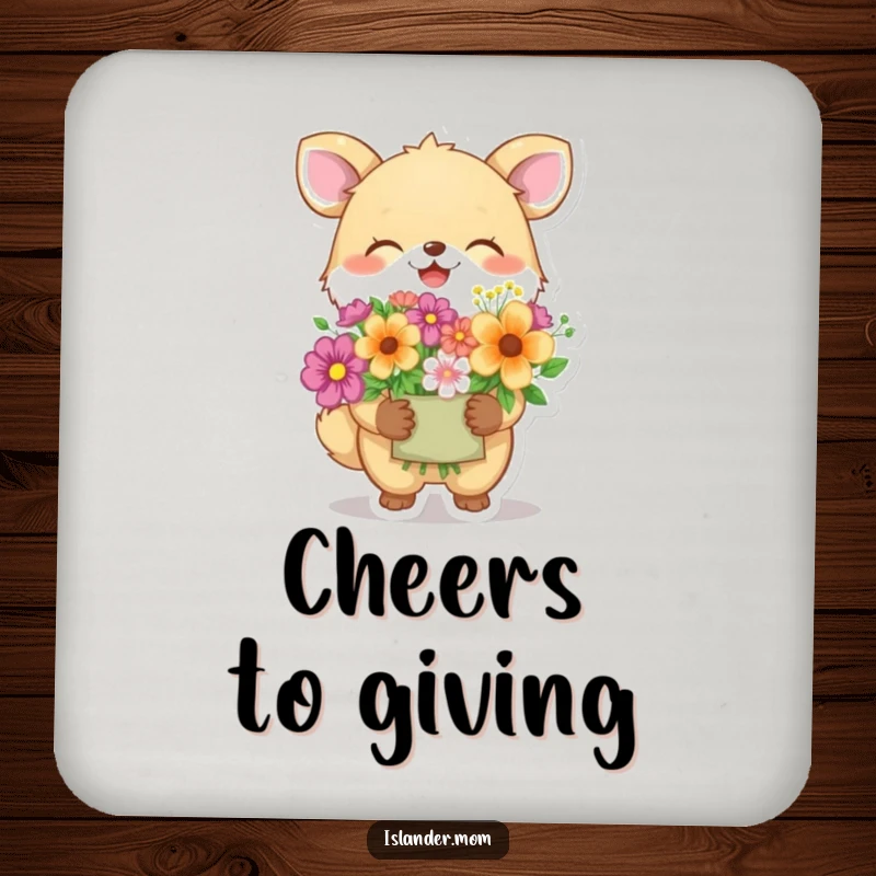 Funny animal character giggling and offering colorful flowers, a humorous and protective drink coaster for any surface.