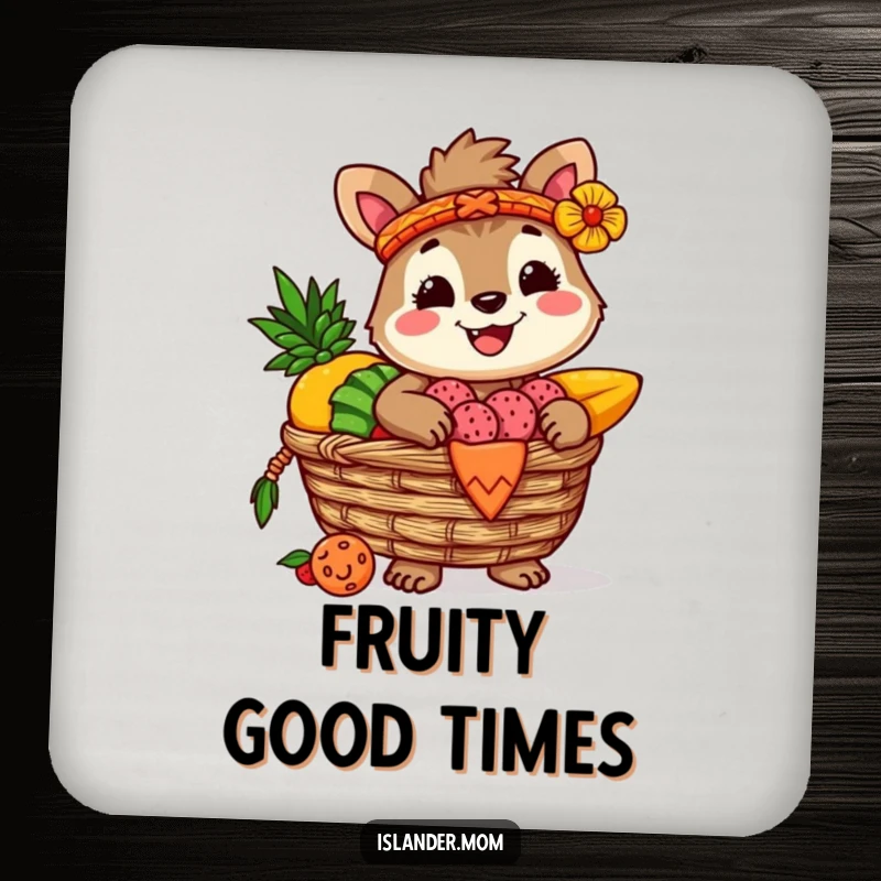 Funny drink coaster featuring a happy islander animal character with a woven basket full of vibrant tropical fruits, protecting surfaces with style.
