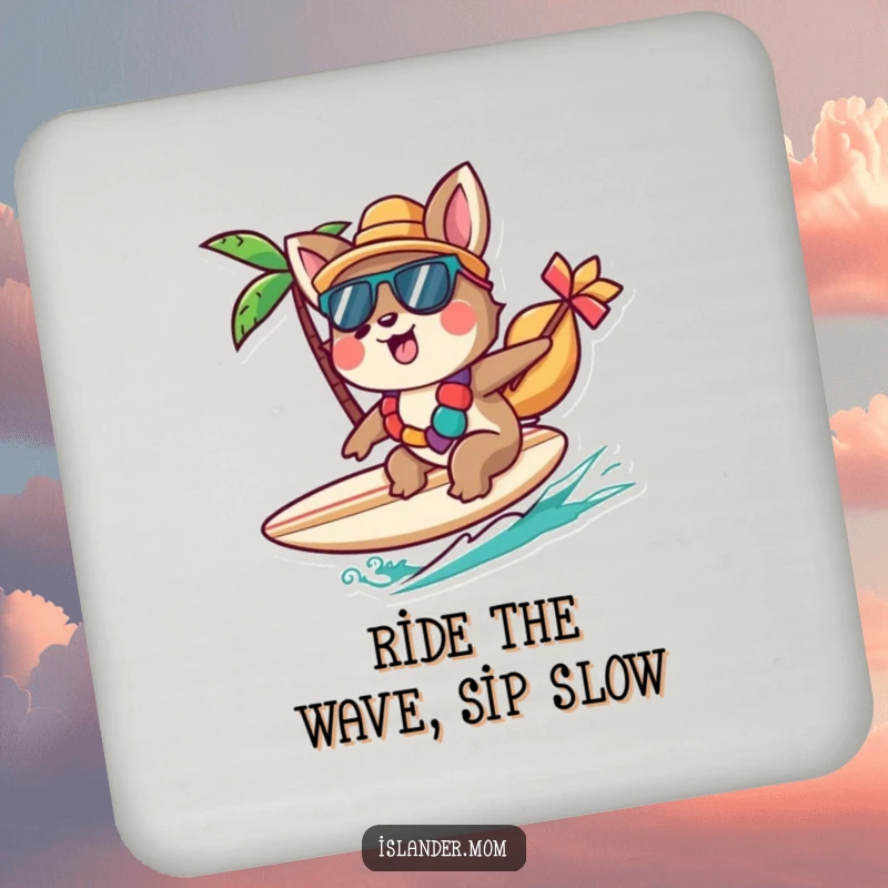 Funny Islander Animal Drink Coasters featuring a character cheerfully riding a small surfboard, adding beach flair, a funny gift.
