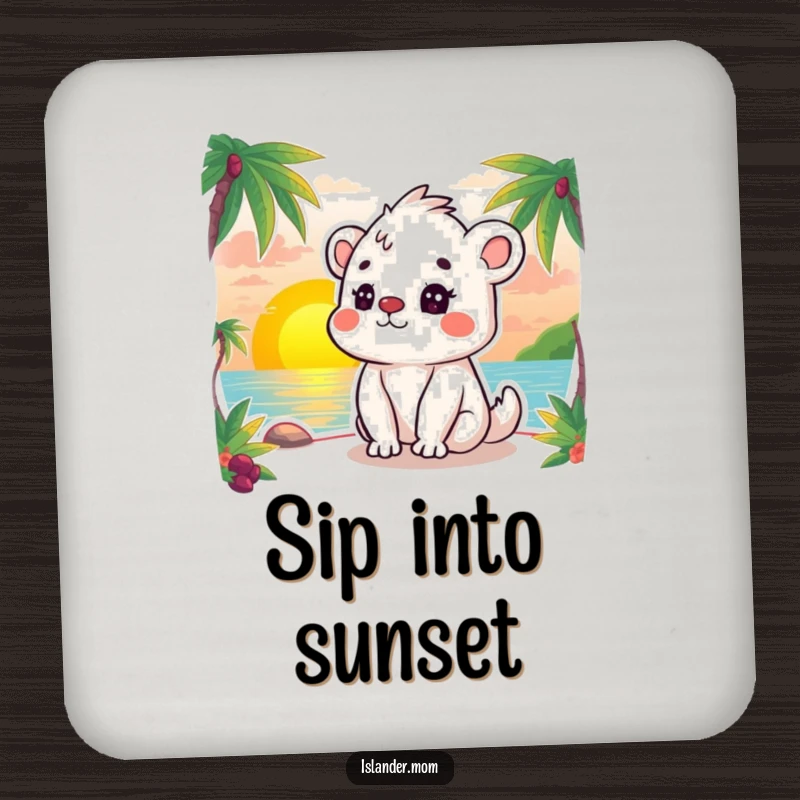 Funny drink coaster with a kawaii islander animal gazing contentedly at a serene sunset, protecting furniture stylishly.