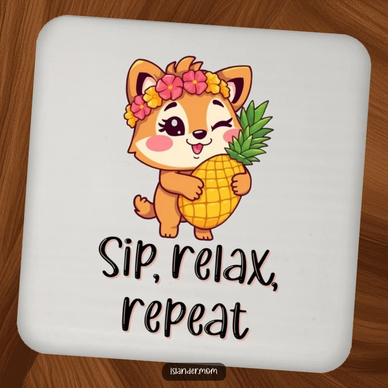 Funny islander animal character winking and holding a pineapple on a drink coaster, protecting surfaces with tropical humor.