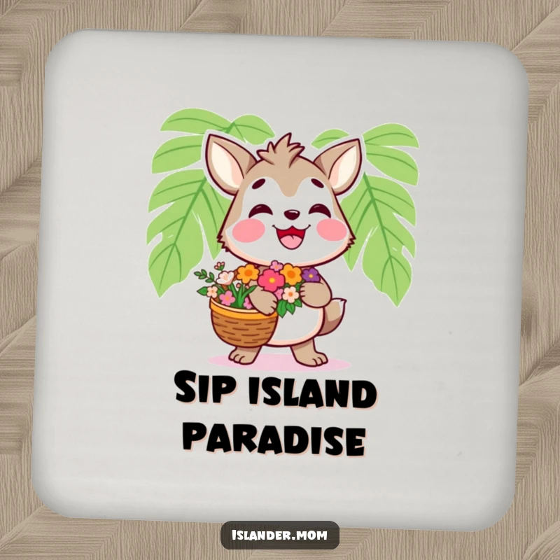 Funny Islander Animal Coaster: Decorative coaster with a smiling islander and flowers, protecting surfaces with humor, funny gift.