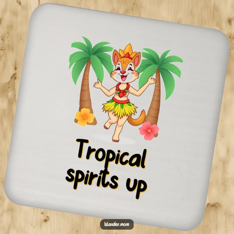 Funny Islander Mom Coaster, protecting surfaces with an islander mom in a grass skirt dancing with delight, a fun drink accessory.