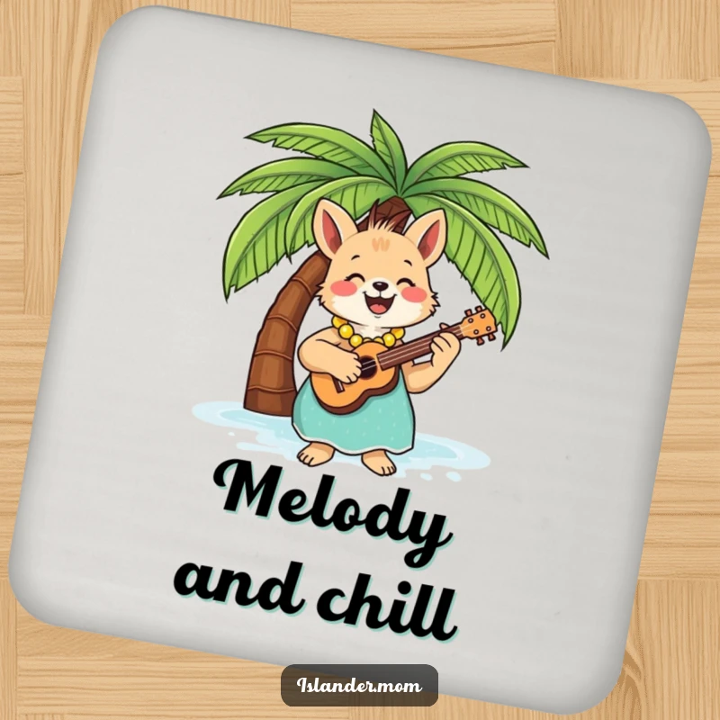 Funny Drink Coaster with an islander mom animal playing a ukulele under a palm tree, adding tropical flair.