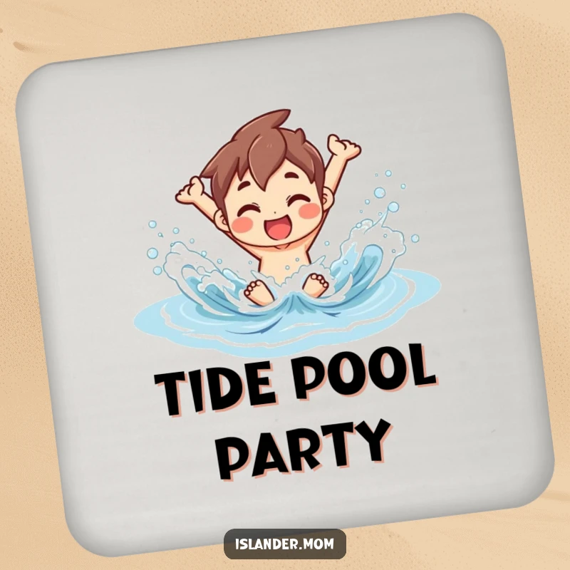 Funny Coaster Set with an islander character joyfully splashing in ocean waves, perfect for adding a cheerful coastal touch.