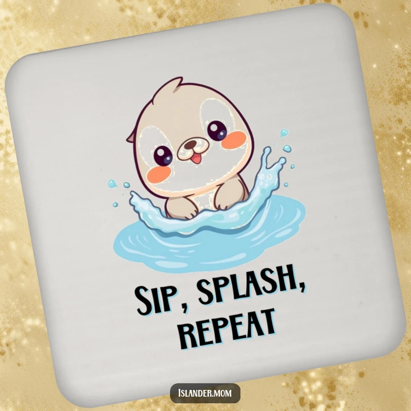 Funny drink coaster with a cute kawaii islander animal playfully splashing in gentle, blue ocean waves.