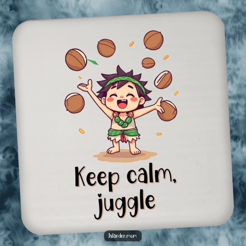 Funny Drink Coasters: A kawaii islander character happily juggles coconuts, adding a touch of playful island art to your drinks.