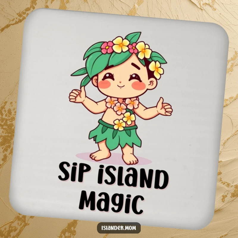 Funny Kawaii islander drink coaster featuring a character with a flower lei, dancing, protecting surfaces.