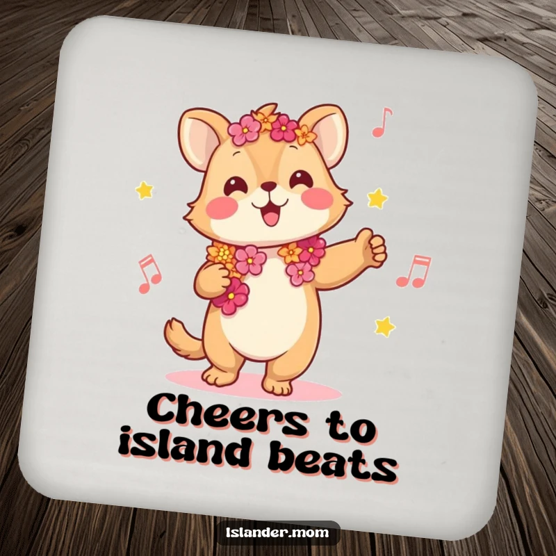 Funny drink coasters featuring a joyful kawaii islander animal wearing a lei, swaying to music, adding tropical humor and protection.
