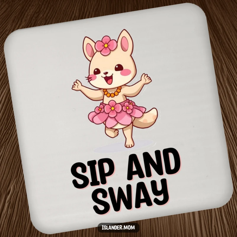 Funny drink coaster featuring a dancing island animal character in a flower skirt, protecting surfaces with tropical vibes.