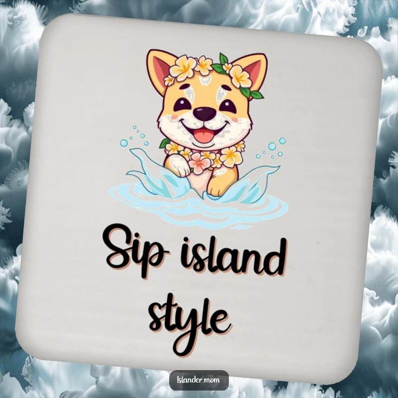 Funny tropical dog coasters featuring a smiling dog with a lei splashing in waves, protecting surfaces with island charm.
