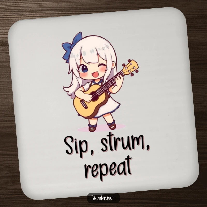 Funny drink coaster with a character joyfully strumming a ukulele, perfect for protecting surfaces with musical charm.