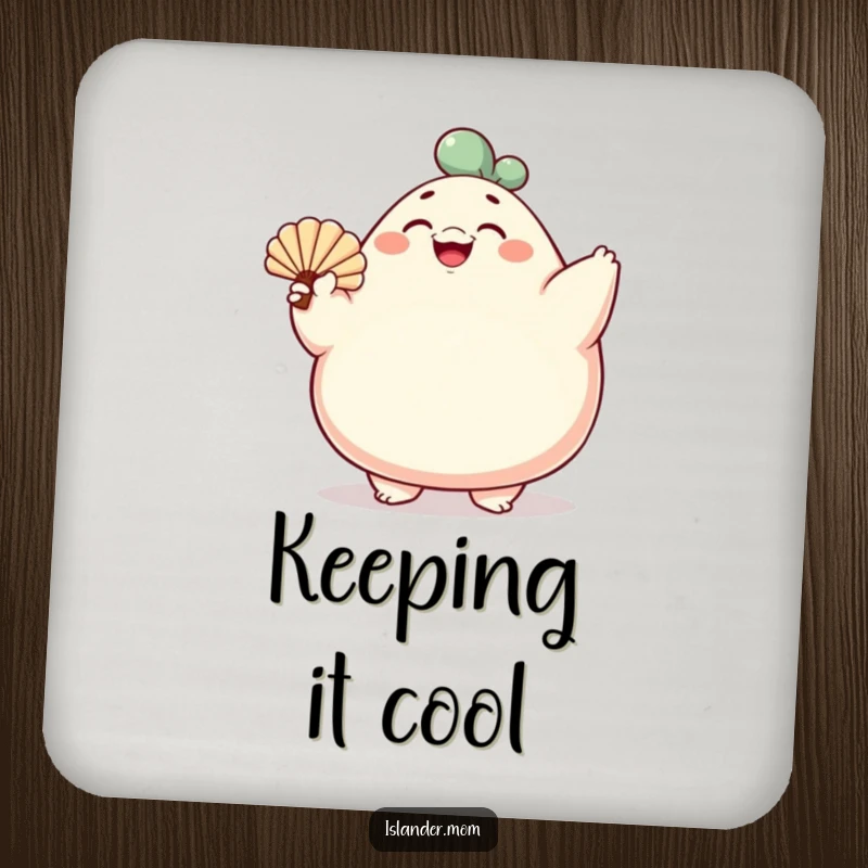 Funny drink coaster featuring a rotund character fanning with a shell, smiling broadly, adding humorous cheer to beverage service.