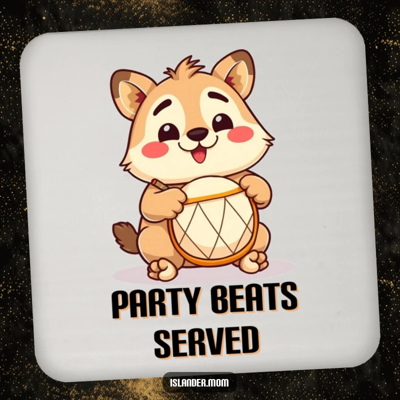 Funny Islander Drummer Coaster: Decorative coaster with an excited islander playing a drum, protecting surfaces with humor, funny gift.