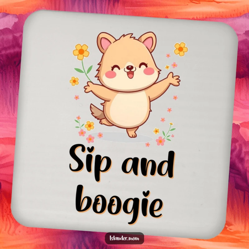 Funny Coasters: Set of coasters featuring a kawaii islander animal dancing energetically among flowers, offering humorous protection.