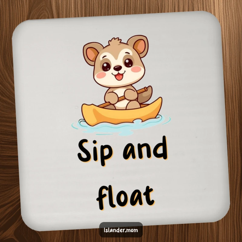 Funny animal character paddling a canoe with a huge smile, a humorous and protective drink coaster for any surface.