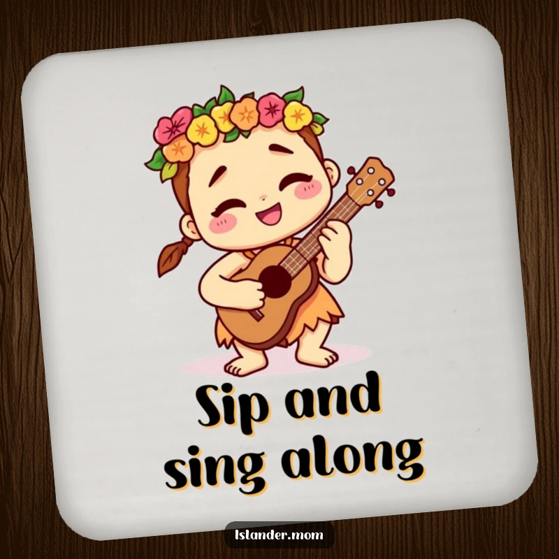Funny kawaii islander character playing a ukulele with a contented smile, designed on protective drink coasters for music lovers.