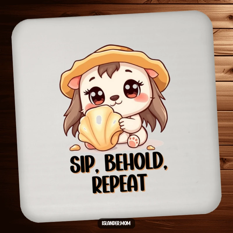 Funny drink coaster with a cute kawaii islander animal wide-eyed, discovering a shiny seashell.