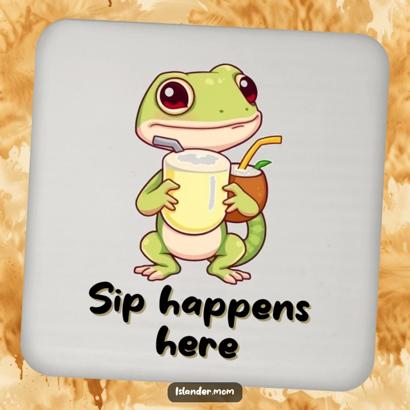 Funny island gecko drink coaster, showing a gecko with a coconut drink, adding tropical humor to table settings.