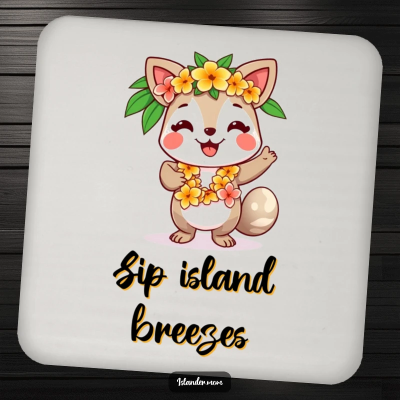 Funny drink coaster showing a smiling islander animal character with a flower lei, dancing with lively tropical energy.