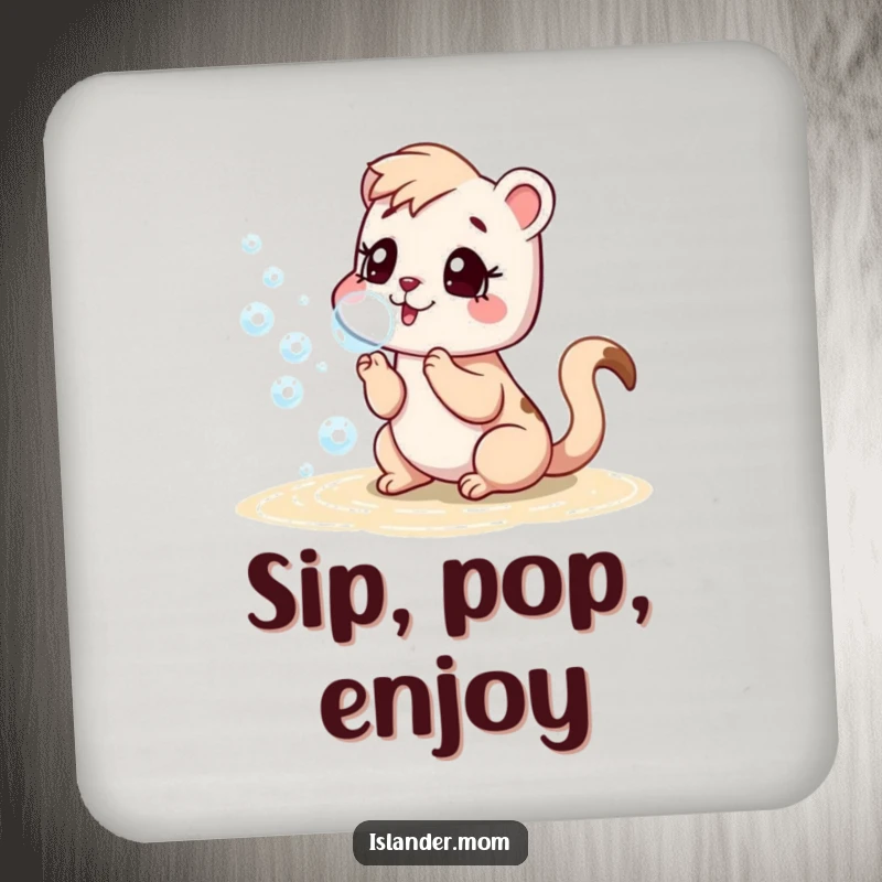 Funny drink coaster set featuring an islander mom animal blowing bubbles on a beach, adding a playful touch to any surface.