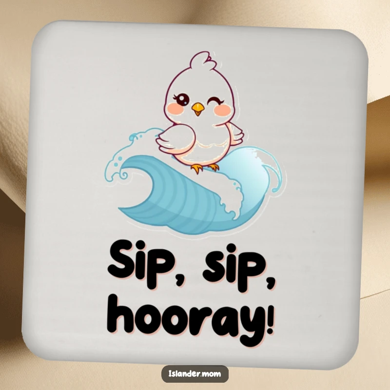Funny mama bird winking and riding a wave on a drink coaster. Humorous home accessory, perfect funny gift for bird fans.
