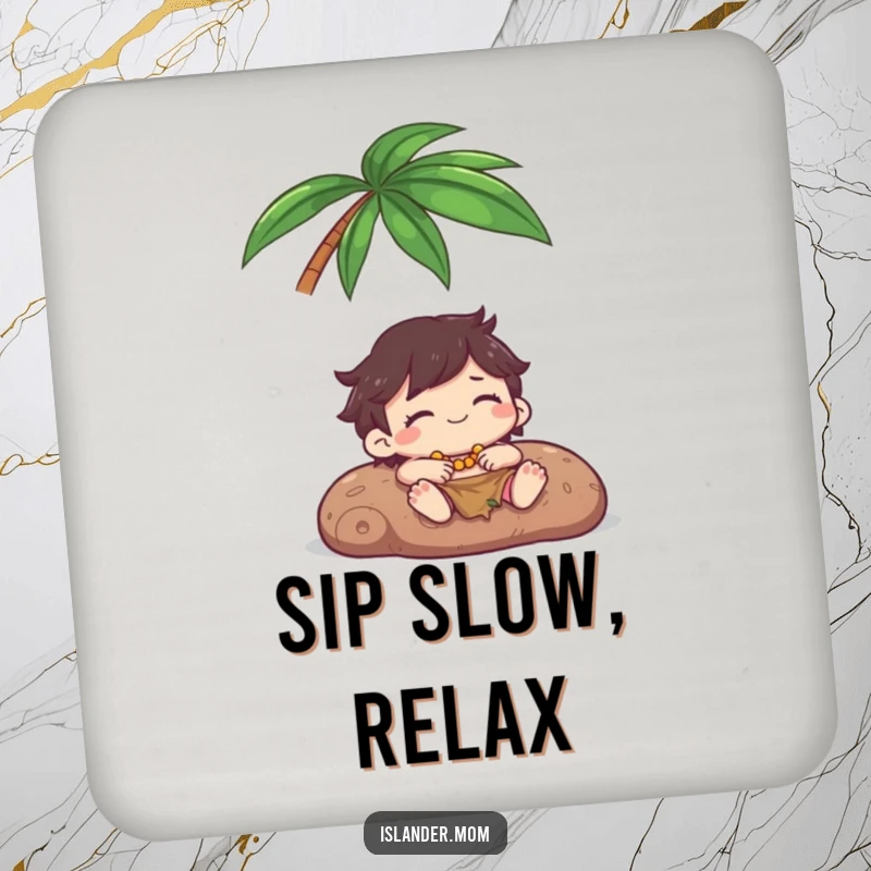 Funny Drink Coasters: A kawaii islander character happily relaxes under a palm tree, adding a touch of tropical art to your drinks.