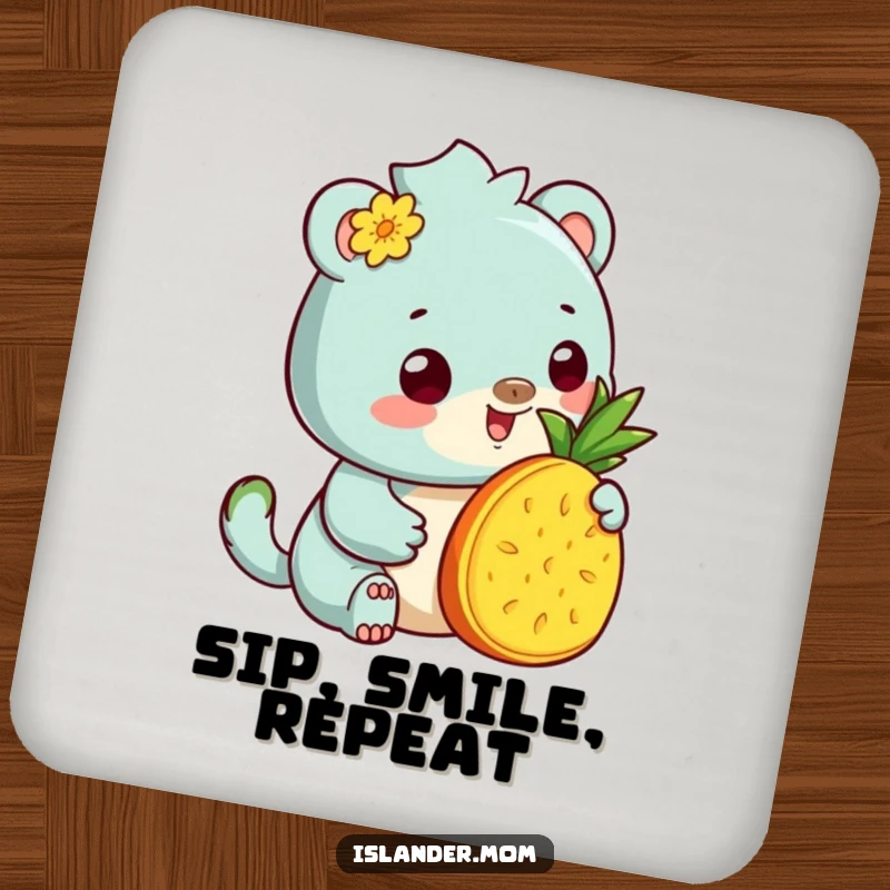 Funny Coasters: Set of coasters featuring a kawaii islander animal offering pineapple, bringing tropical charm and humorous protection.