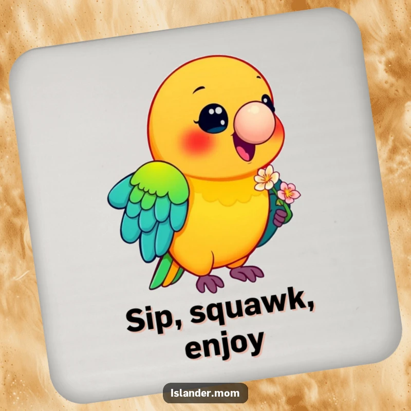 Funny Parrot Coaster: A smiling parrot with vibrant feathers holds a flower, protecting your furniture with tropical flair.