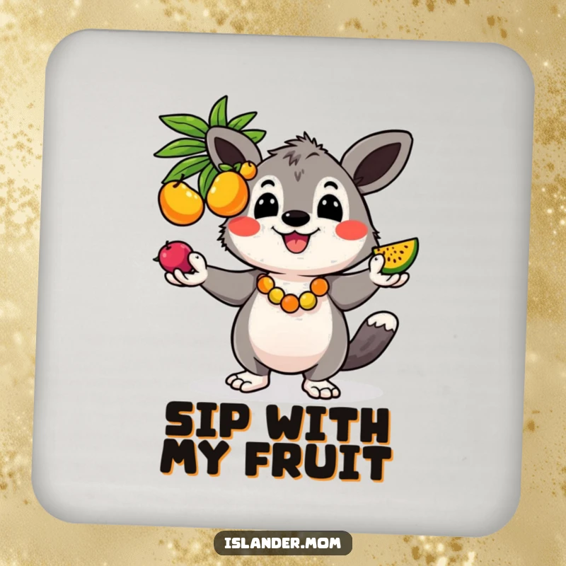 Funny drink coasters featuring a cheerful kawaii islander animal juggling colorful fruits, adding tropical humor and protection.