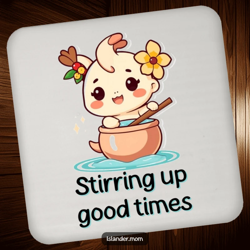 Funny drink coaster showcasing a happy islander character with a flower, stirring a large pot, adding island humor to any beverage.