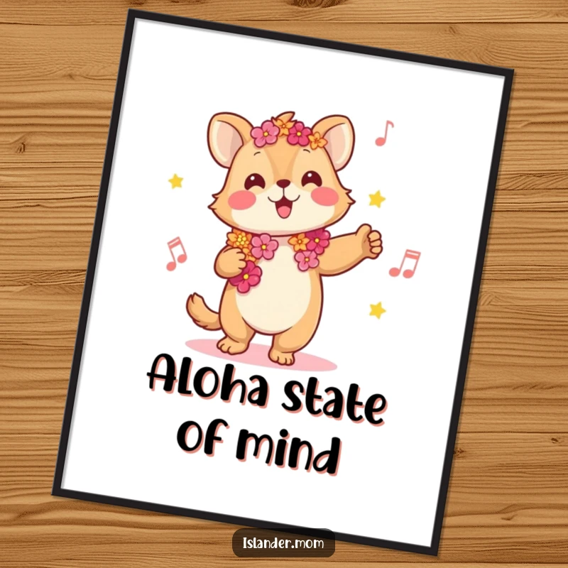 Funny poster showcasing a joyful kawaii islander animal wearing a lei, swaying to music, bringing tropical vibes and humor.