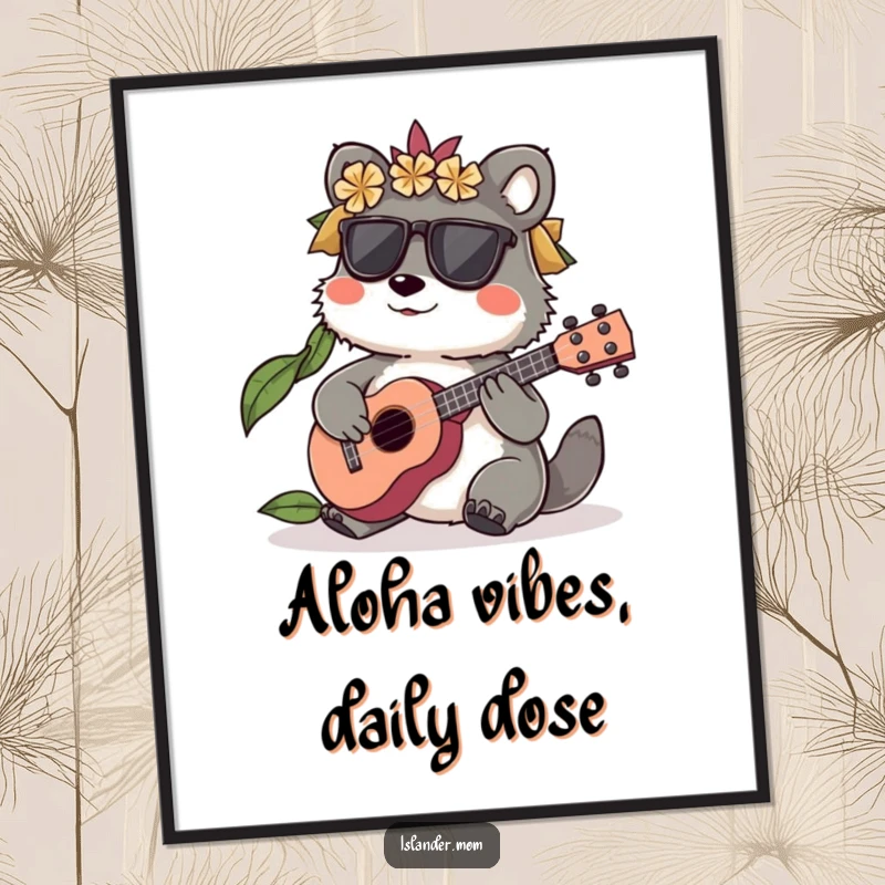 Funny Islander Animal Poster featuring a character playing a small ukulele, bringing musical vibes to wall art, a funny gift.