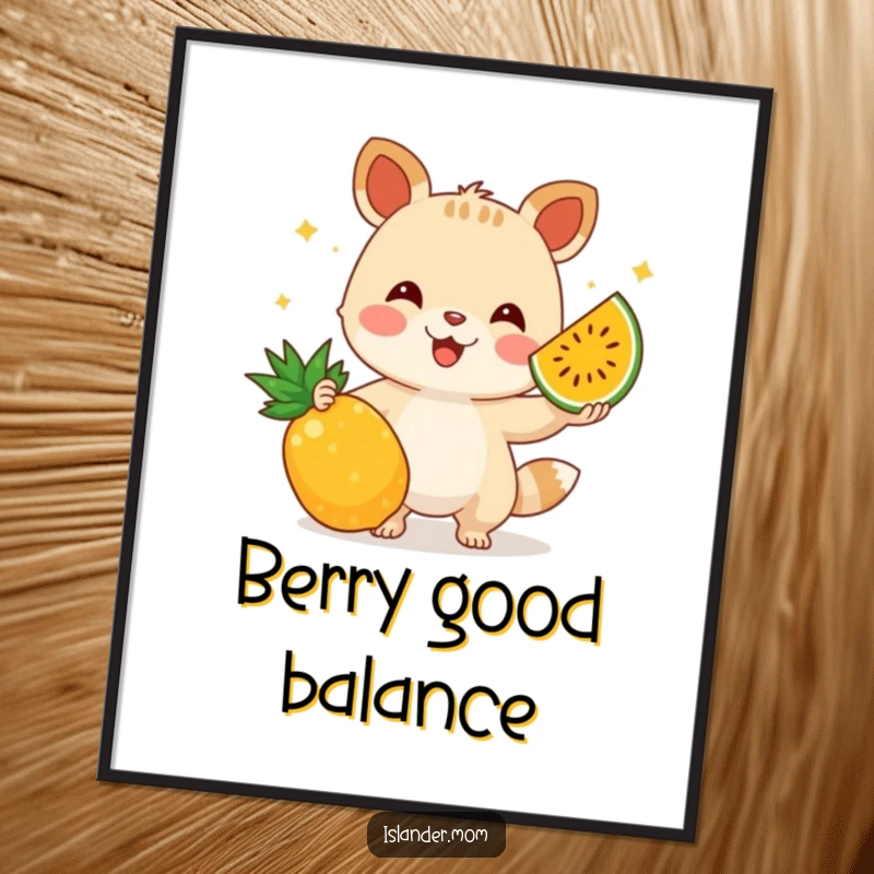 Funny poster capturing an animal character’s impressive feat of juggling various tropical fruits, a display of cheerful talent.