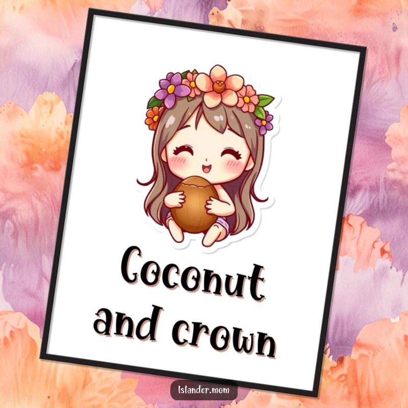Funny wall art poster of a character wearing a flower crown and holding a coconut, exuding a fun, tropical vacation mood.