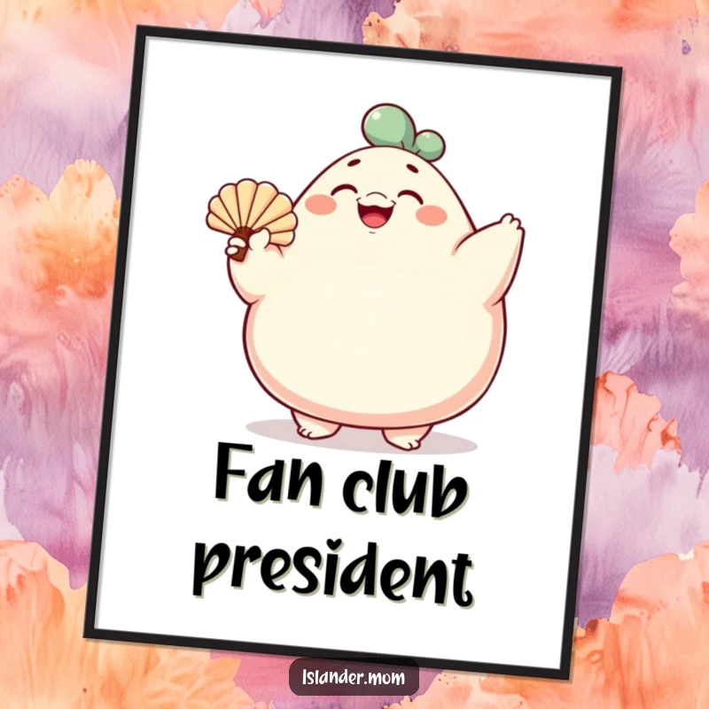 Funny poster art of a rotund character fanning with a shell, smiling broadly, adding cheerful, humorous vibes to decor.