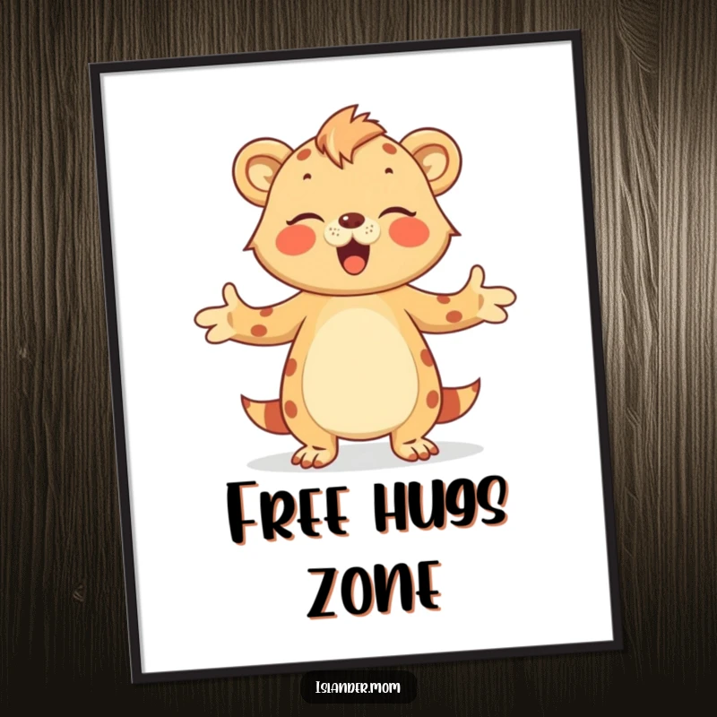 Funny Poster showcasing an islander mom animal extending a loving hug with open arms, exuding warmth and kindness.